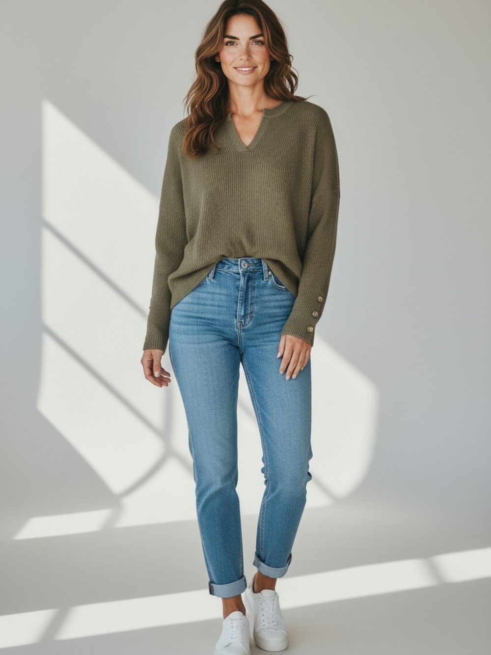 Marled Olive Green V-Neck Sweater